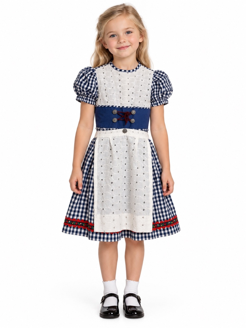 Girls Blue Gingham Dirndl Bavarian Dress with White Eyelet Apron